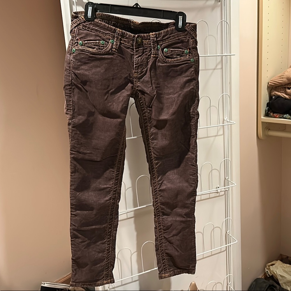 Stitch's Brown/Burgundy bold stitch, fine corduroy, stretch Denim